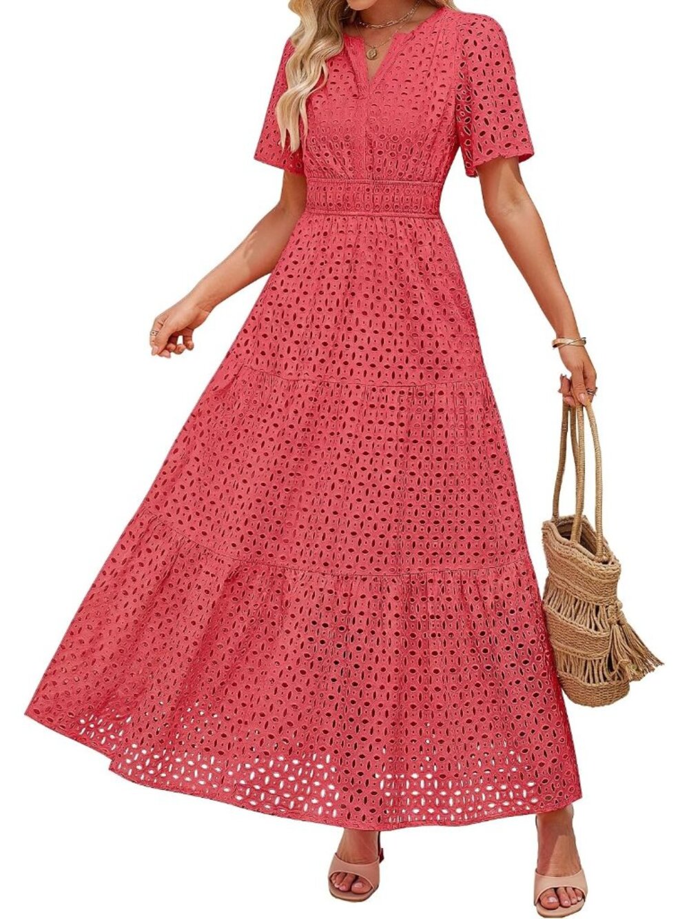 Women's Watermelon Short Sleeve High Neck V Neck Eyelet A Line Maxi Dresses